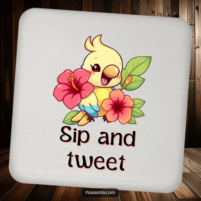 Funny drink coaster with a happy parrot character holding a hibiscus flower, designed for surface protection.