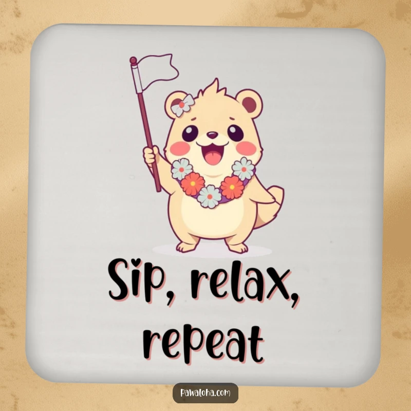 Funny drink coaster showcasing a creature in a lei, enthusiastically waving a small flag, perfect for adding tropical flair.