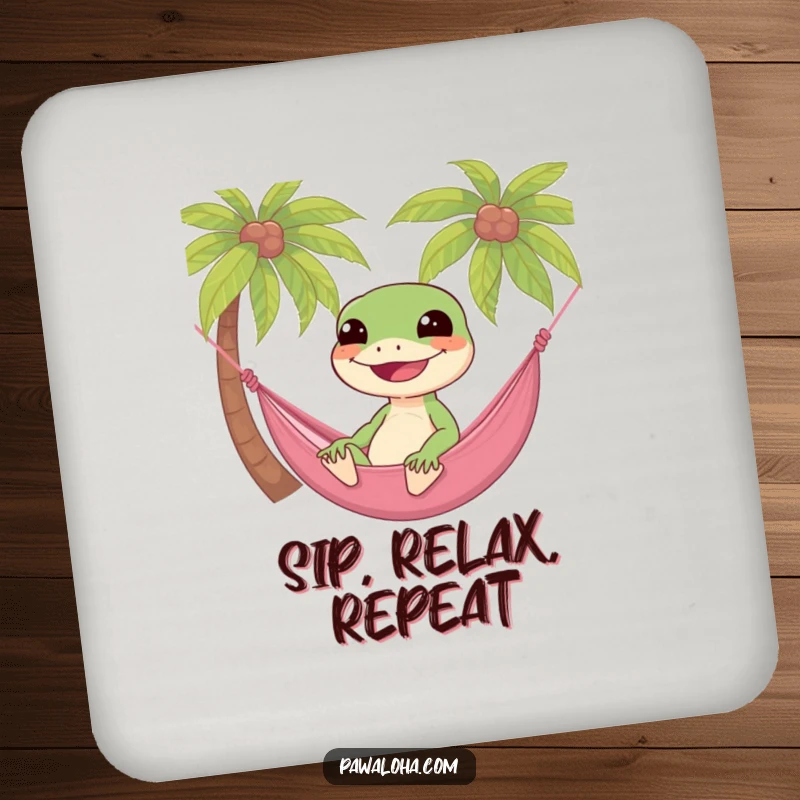 Funny gecko character relaxing in a hammock between palm trees, adorning these humorous and functional drink coasters.