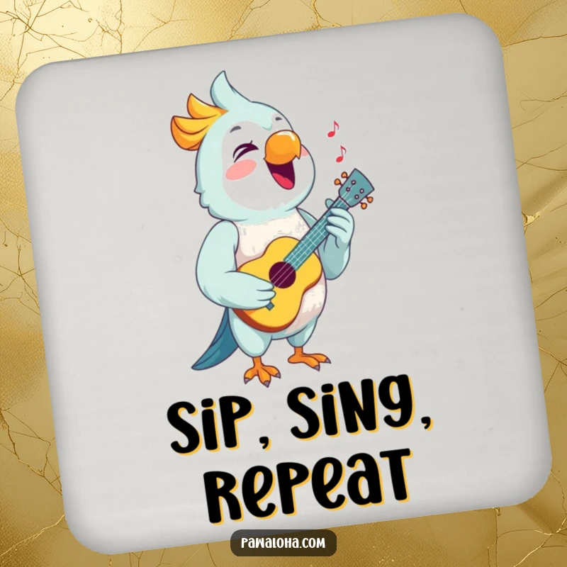 Funny Parrot Coasters showcasing a joyful parrot singing with a tiny ukulele, adding musical cheer to any surface.