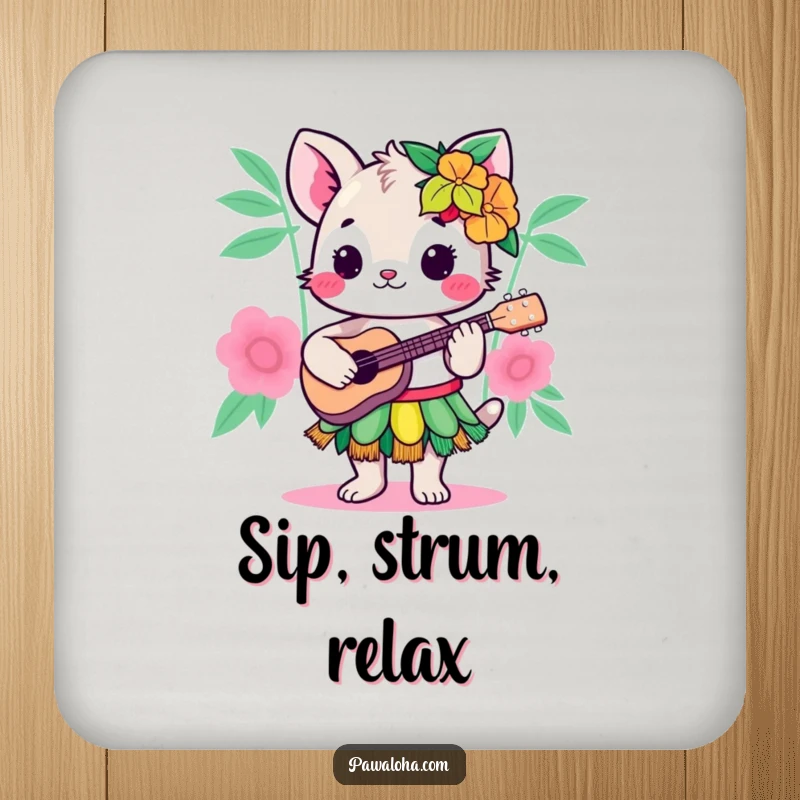 Funny Kawaii Hula Animal Drink Coaster: Adorable cartoon in a hula skirt, playing a ukulele, protecting surfaces with humorous island vibes.