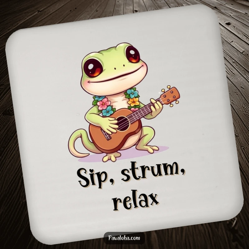 Funny Gecko Coaster showing a smiling gecko playing a ukulele, humorous accessory.