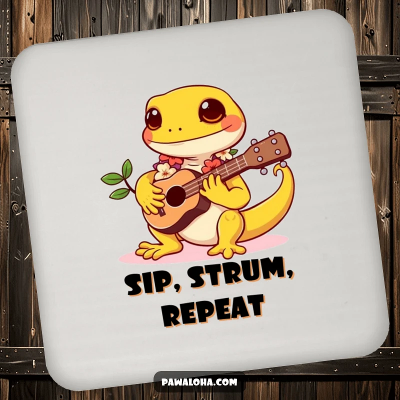 Funny drink coaster with a kawaii gecko wearing a lei and playing a tiny ukulele, adding tropical flair.