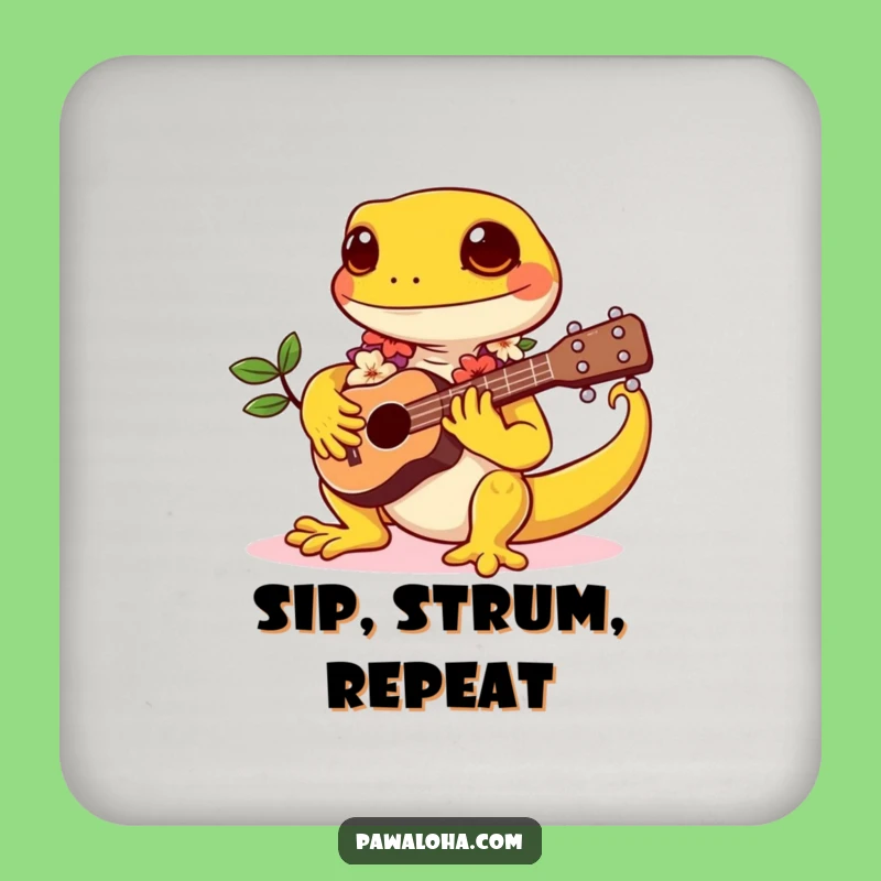 Funny Gecko Coaster: Kawaii Musician, Tropical Style, Protect Surfaces Funny Gift!