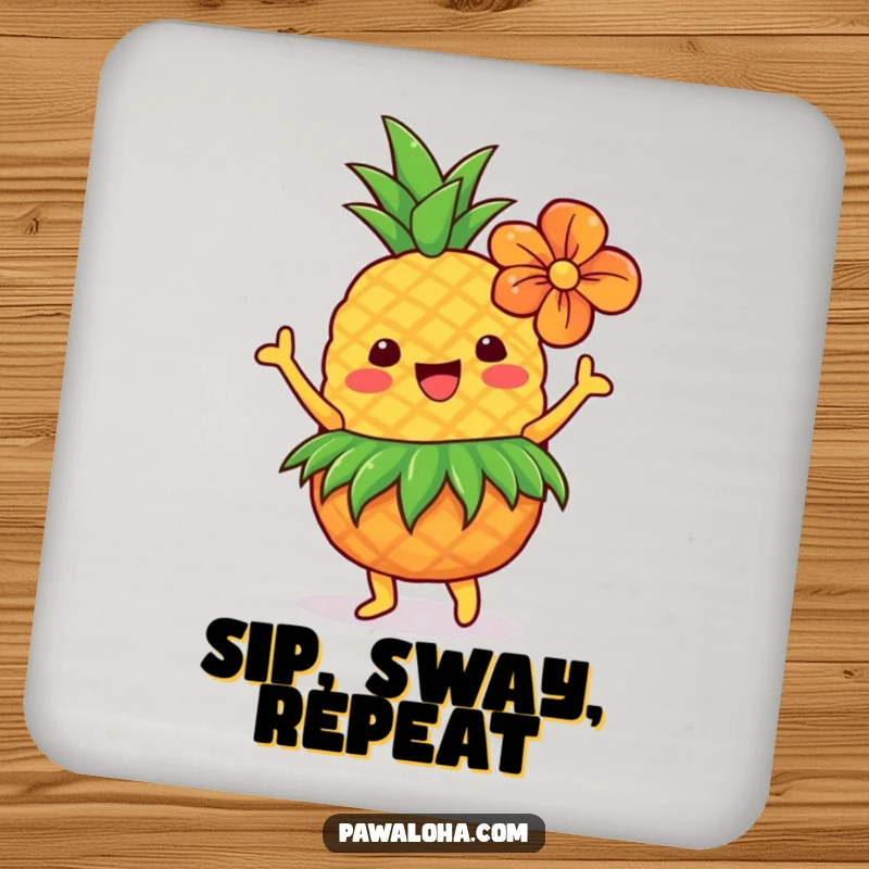 Funny pineapple in grass skirt and flower, dancing on a drink coaster, adding tropical party vibes.