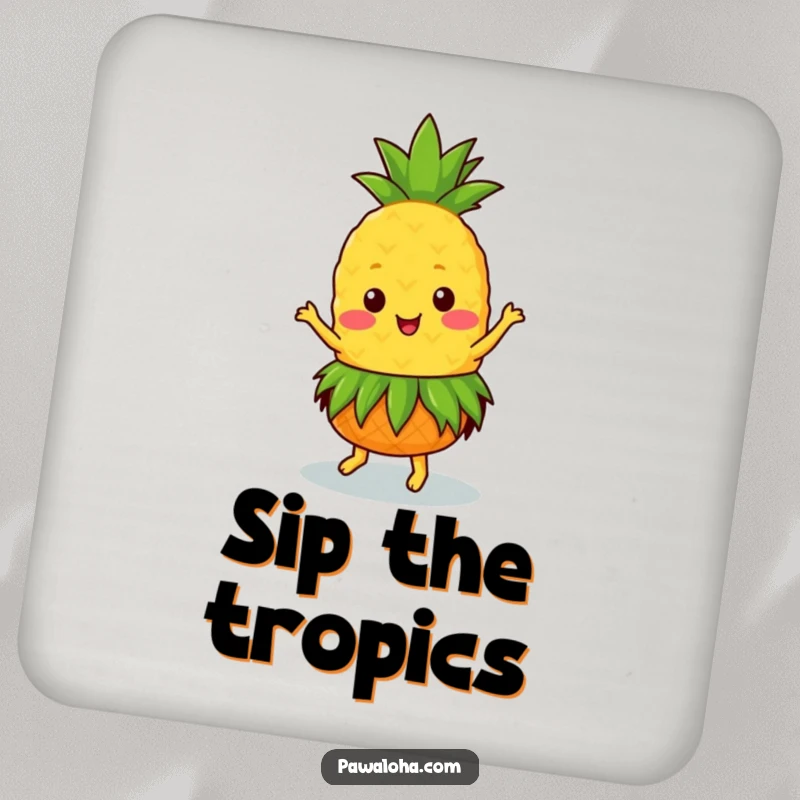 Funny Kawaii pineapple in a grass skirt, dancing joyfully on a drink coaster, ideal for protecting tables.