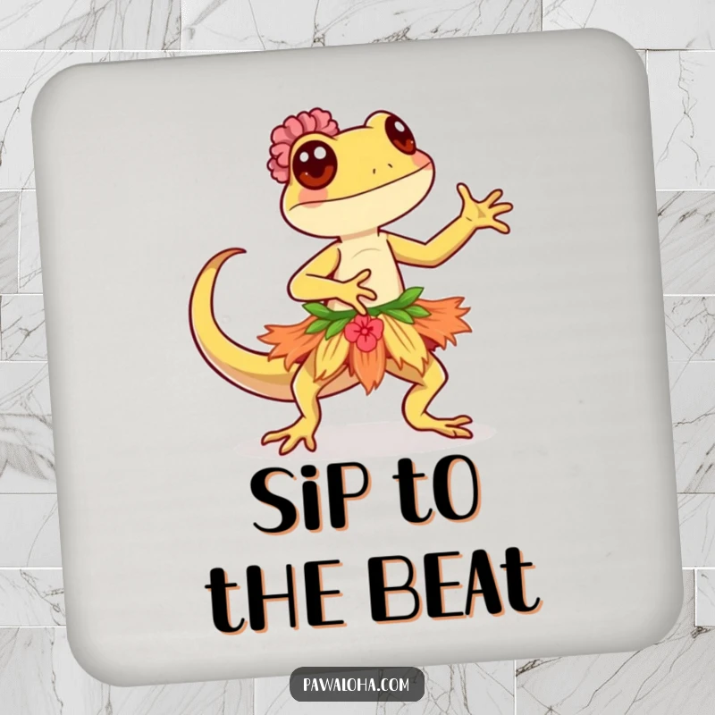 Funny Kawaii gecko character wearing a hula skirt, dancing gracefully, on a protective and decorative drink coaster.