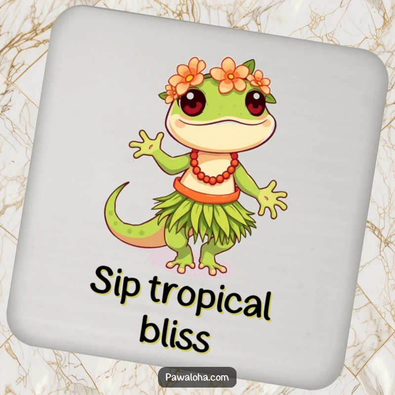 Funny Hula Gecko Coasters displaying a gecko in a grass skirt and flower crown, dancing the hula with tropical flair.