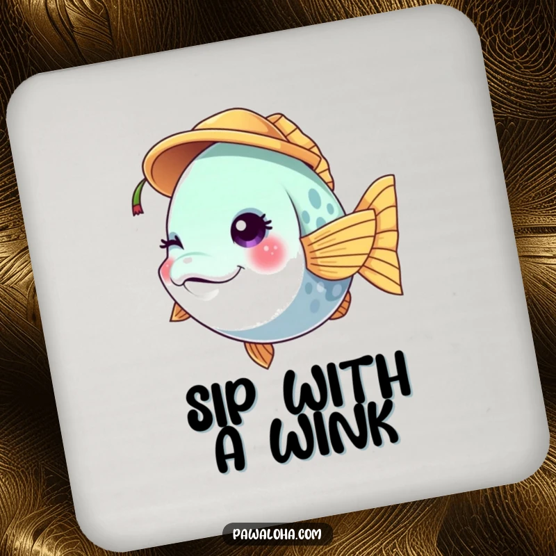 Funny vibrant fish character drink coaster winking while wearing a tiny coconut hat, protecting surfaces with tropical flair.