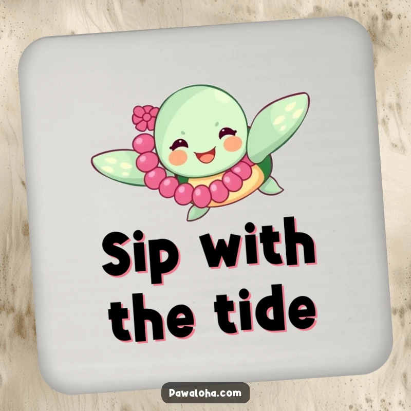 Funny sea turtle with a lei swimming happily, printed on a drink coaster, safeguarding surfaces with a dose of oceanic joy and personality.