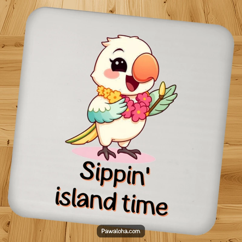 Funny drink coaster with a happy kawaii parrot wearing a lei, dancing the hula, adding tropical flair to drink protection.