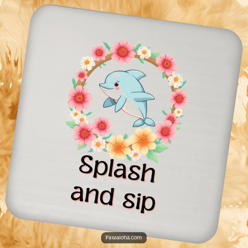 Funny Kawaii dolphin character leaping joyfully through a hoop of flowers on a protective and decorative drink coaster.