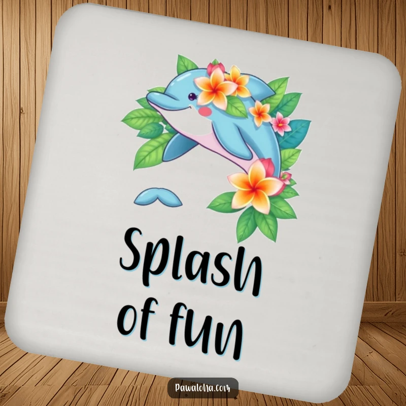 Playful dolphin adorned with tropical flowers, featured on a drink coaster for a splash of ocean fun.