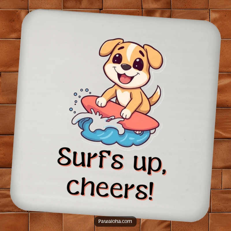 Funny surfing dog coasters featuring a character riding a wave with a big grin, offering humorous beach surface protection. Ideal gift.