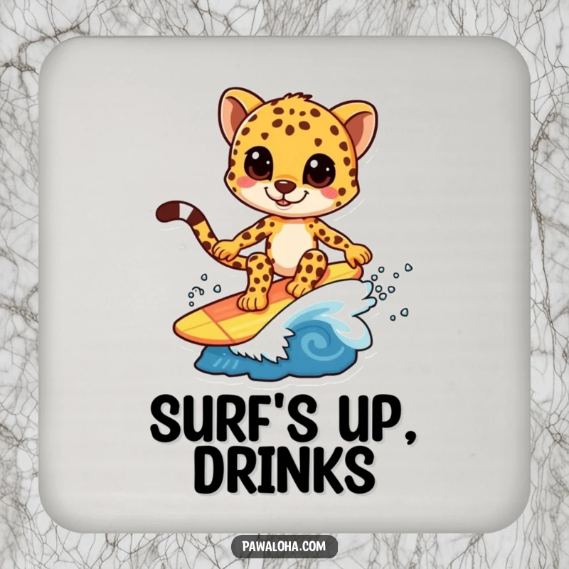 Funny drink coaster with a cheetah character expertly surfing on a small wave, designed to protect surfaces.