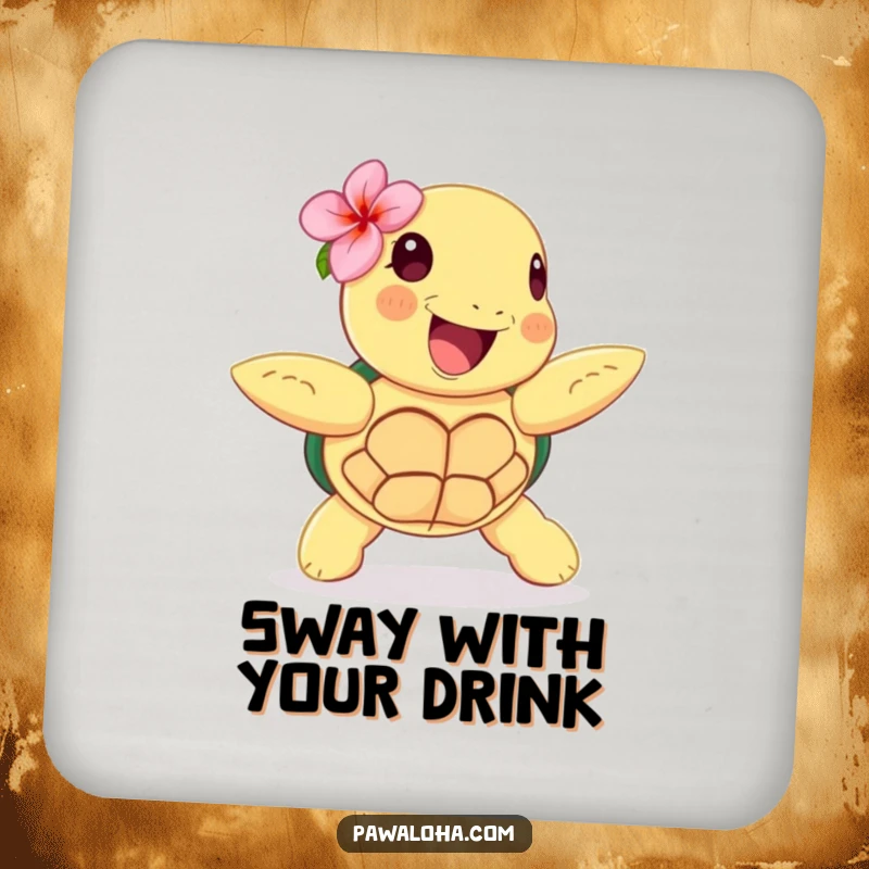 Funny drink coaster with a happy sea turtle wearing a flower, doing a hula dance, adding tropical flair.