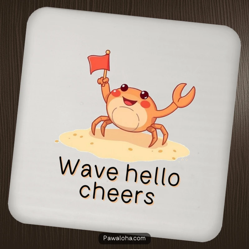 Funny crab coasters featuring a playful crab waving a tiny flag on a sandy shore, protecting tables with adorable beach humor.