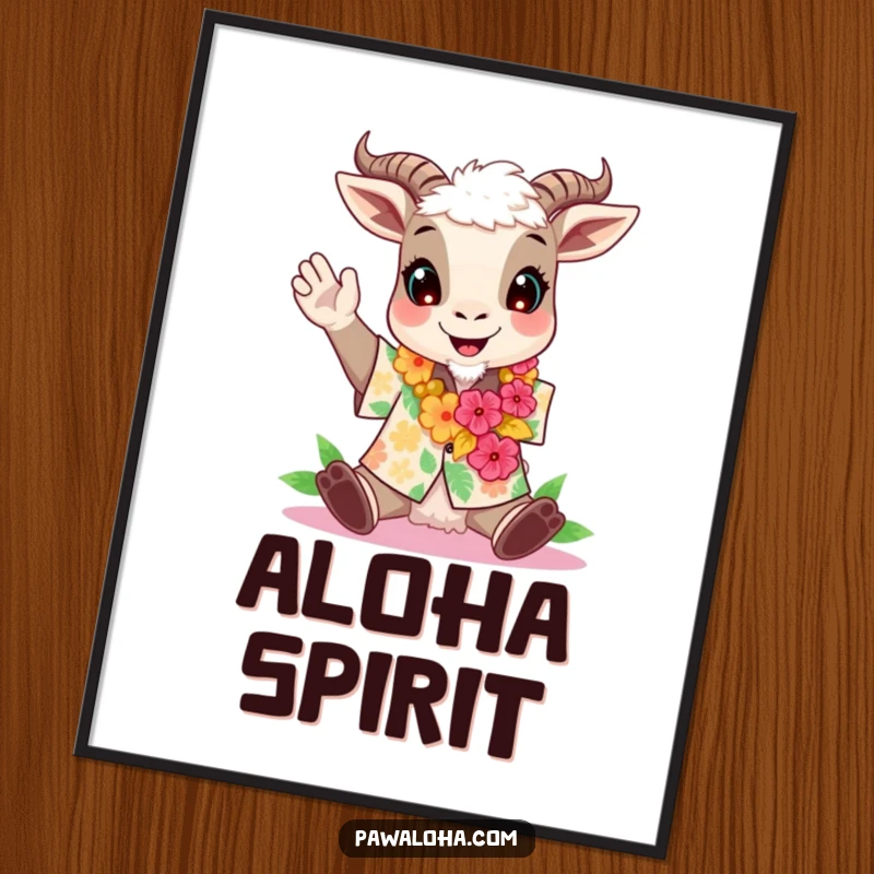 Funny poster illustration of a goat wearing an Aloha shirt and lei, cheering enthusiastically.