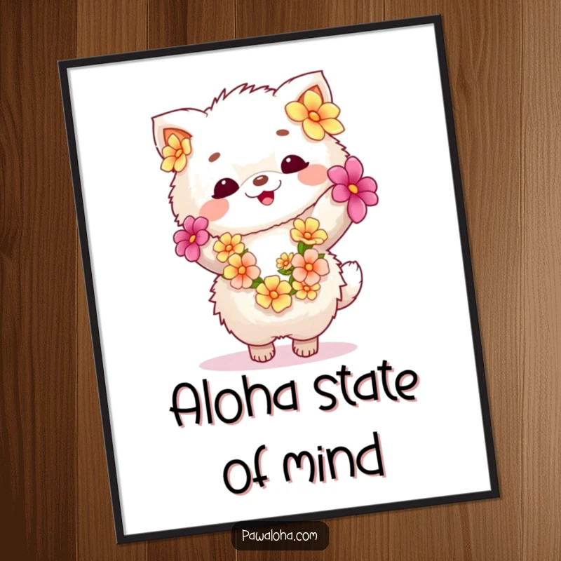 Funny fluffy animal in a festive flower lei, dancing exuberantly on a poster. A vibrant piece of joyful tropical art.