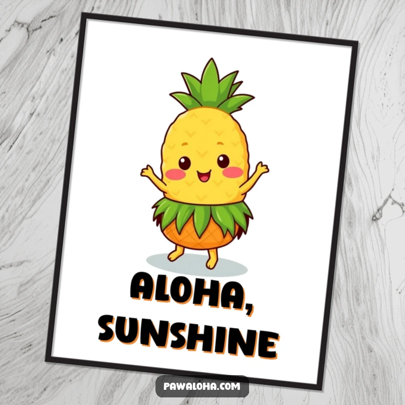 Funny Kawaii pineapple wearing a grass skirt, dancing joyfully on a poster, ideal for tropical decor.