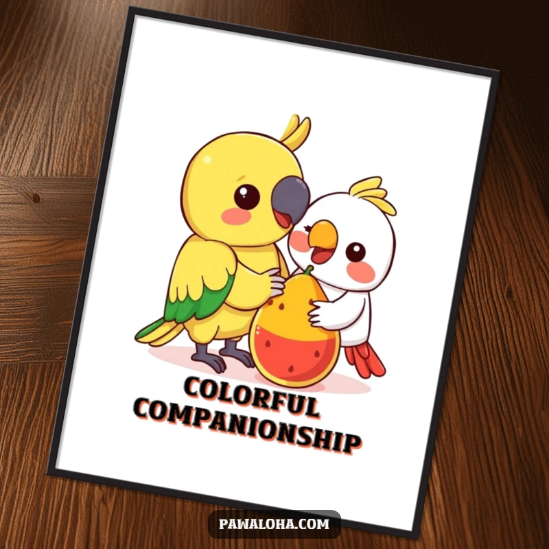 Funny Kawaii Parrot Poster: Adorable colorful parrot sharing fruit, a funny tropical-themed art print about friendship.