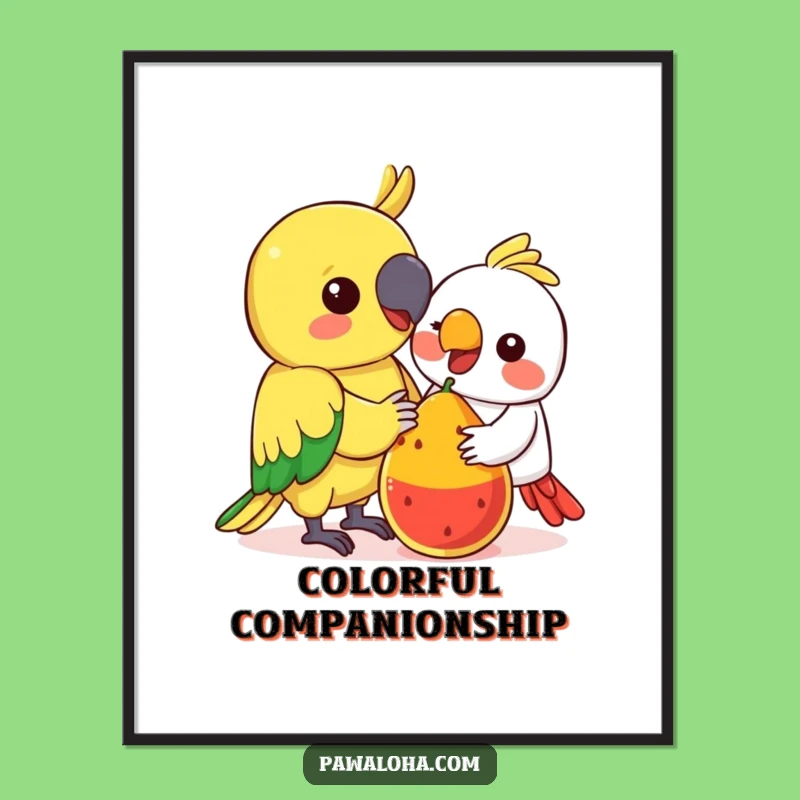 Funny Kawaii Parrot Poster: Fruit Sharing Art Print - Tropical Decor Gift