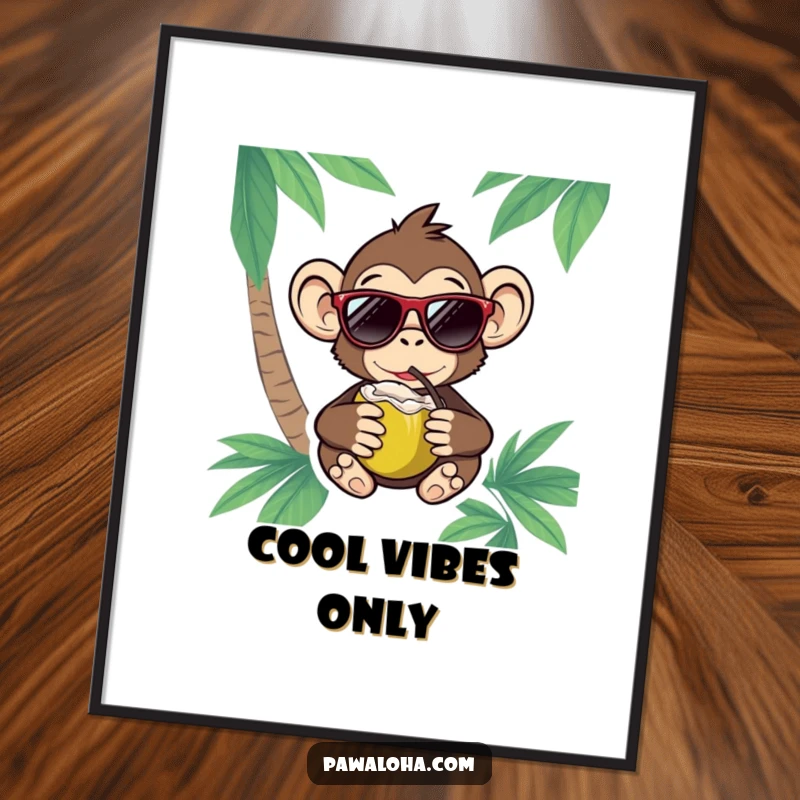 Funny Monkey Poster of a monkey wearing sunglasses and drinking a coconut, radiating cool vacation vibes.
