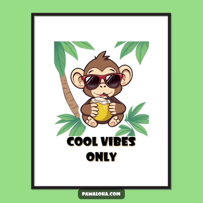 Funny Monkey Poster: Sunglasses, Coconut & Tropical Wall Art