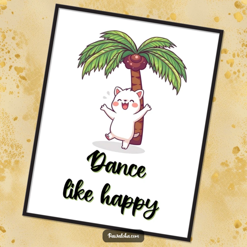 Funny Kawaii Dance Animal Poster: Cute cartoon character dancing joyfully under a palm tree, perfect for vibrant wall decor.