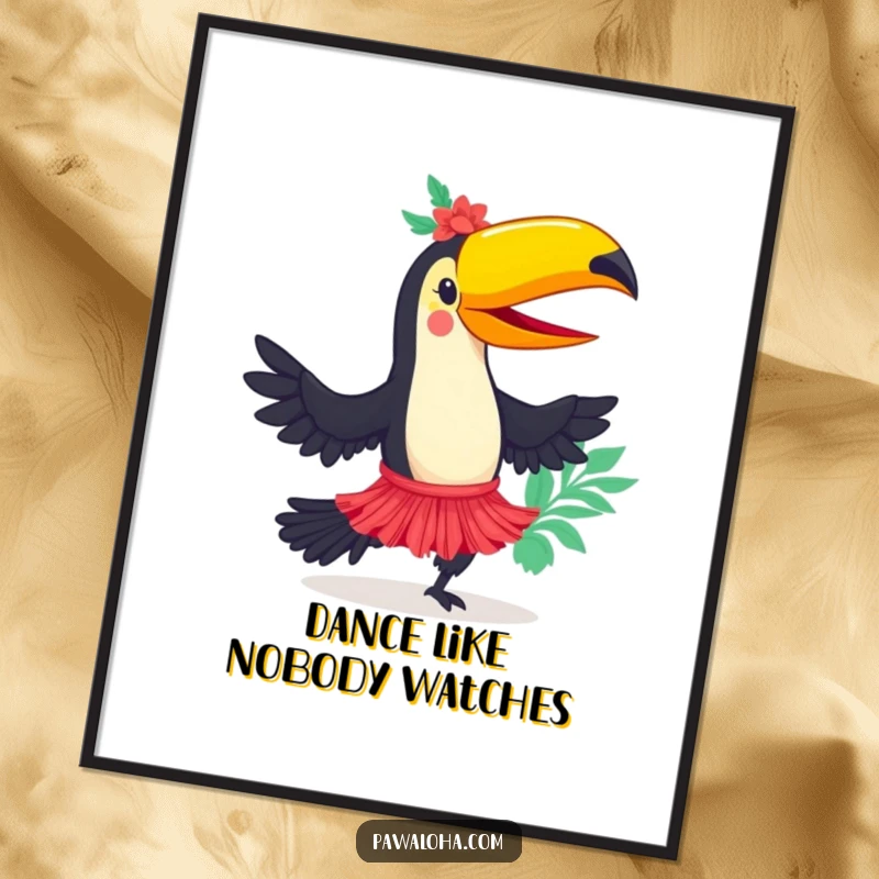 Funny toucan character in a hula skirt dancing energetically on a poster, radiating tropical happiness and vibrant color.