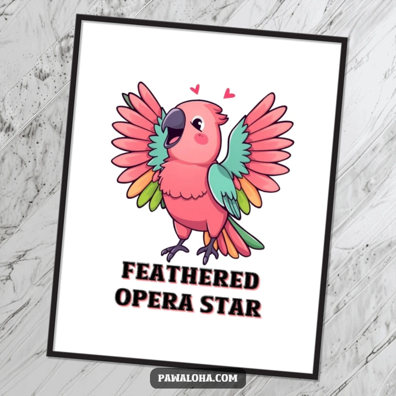 Funny Parrot Poster depicting a vibrant parrot with wings spread, singing a cheerful melody, perfect for wall decor.