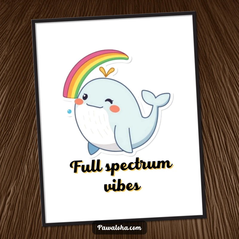 Funny whale poster, a happy whale spouting a vivid rainbow, a cheerful and inspiring art print.