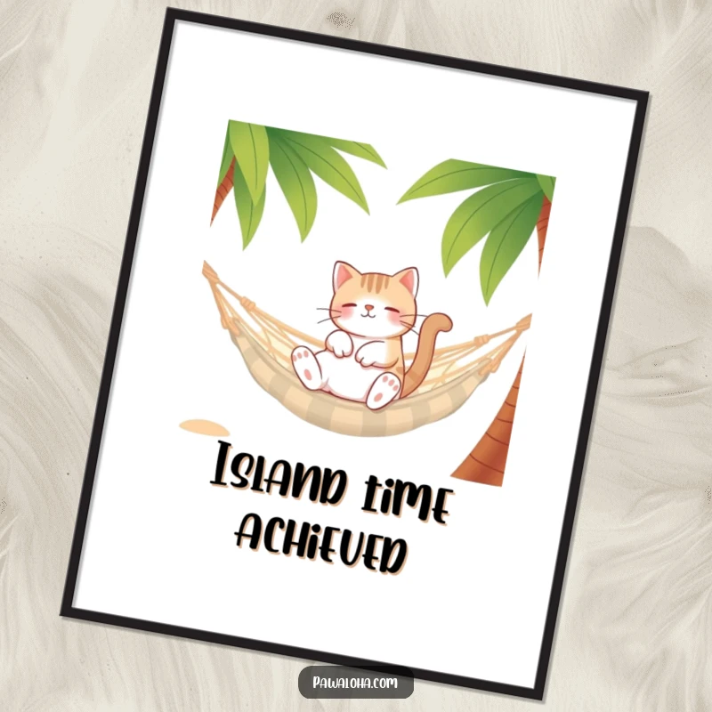 Funny Cat Hammock Poster print of a cat character relaxing in a hammock between palm trees. Serene and humorous wall art.