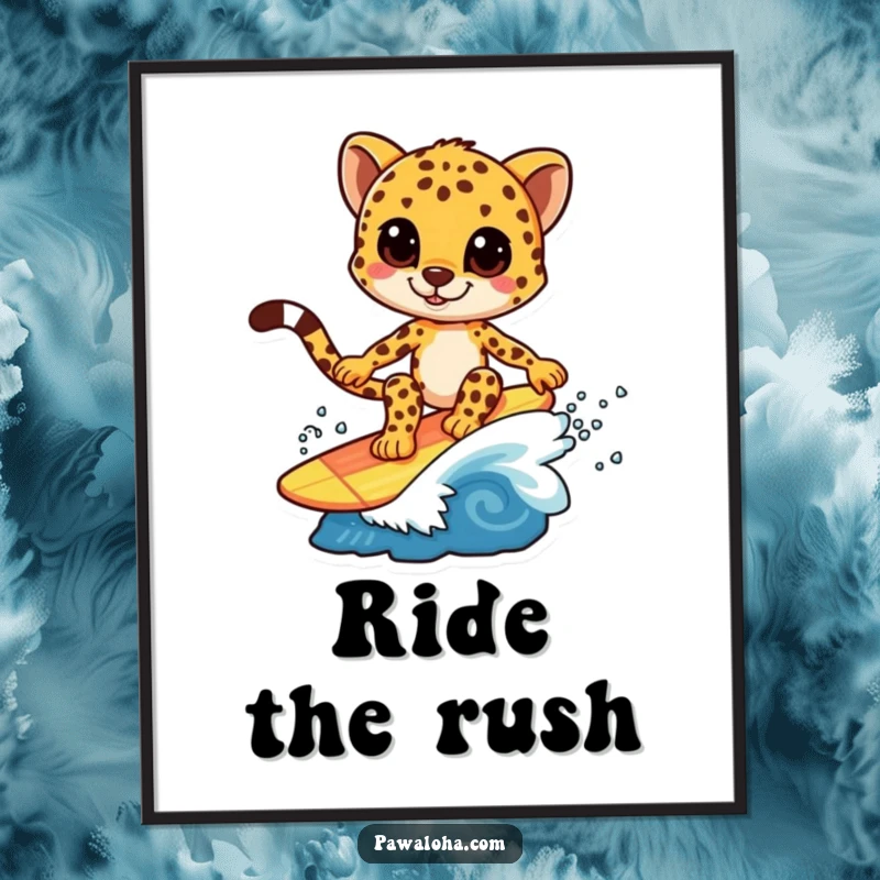 Funny poster art of a cheetah character skillfully surfing on a small, colorful wave, embodying speed and action.