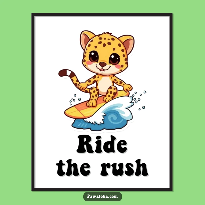 Funny Cheetah Surf Poster: Dynamic Wave Riding Art, Perfect Funny Gift for Coastal Decor