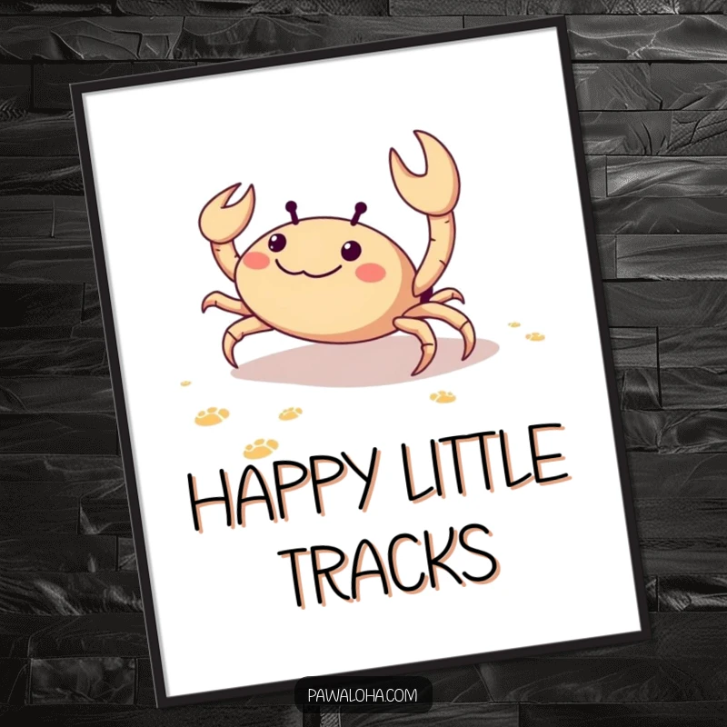 Funny art poster of a delighted crab scuttling sideways on the sand, leaving tiny footprints, radiating pure beach joy.