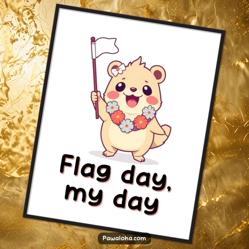 Funny poster showcasing a creature wearing a lei, enthusiastically waving a miniature flag, capturing a moment of pure tropical celebration.