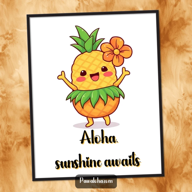 Funny Hawaiian pineapple character dancing happily in a grass skirt and flower, featured on a vibrant poster.