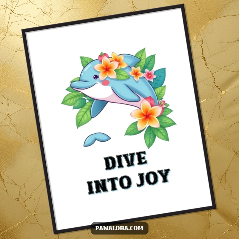 A playful dolphin leaping through waves, adorned with tropical flowers, featured on a vibrant poster.