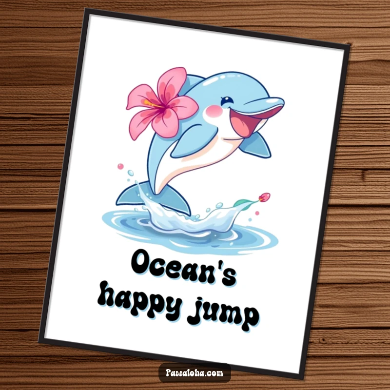 Funny dolphin character poster leaping joyfully out of the water with a hibiscus, perfect for coastal-themed decor.
