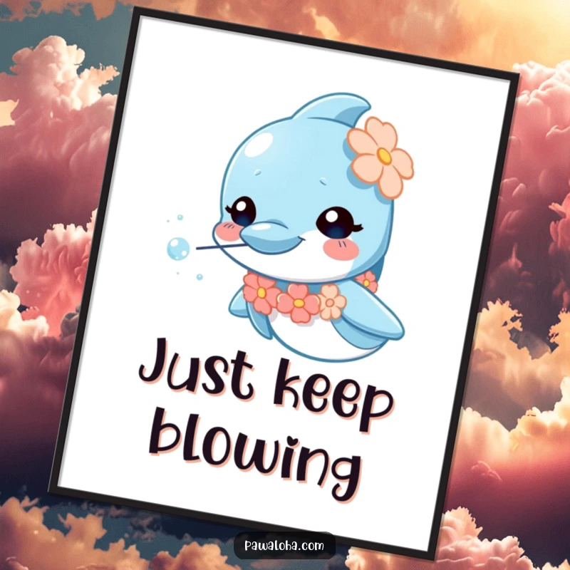 Funny dolphin poster showing a curious character in a lei, creating shimmering sparkly bubbles, evoking joy and relaxation.