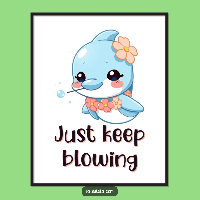 Funny Dolphin Lei Poster: Vibrant wall art of a curious dolphin blowing bubbles, a perfect tropical funny gift.