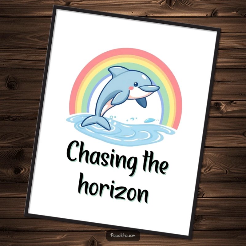 Funny Dolphin Poster illustrating a friendly dolphin leaping dynamically from water with a vibrant rainbow overhead.