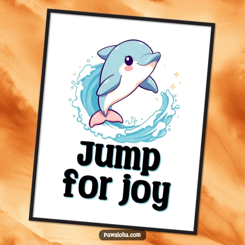 Funny dolphin character leaping dynamically through a sparkling wave on a poster, ideal for vibrant aquatic-themed decor.