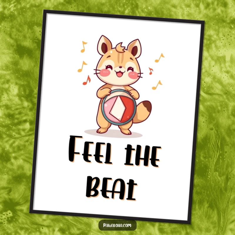 Funny Poster: An animal character plays a festive drum with joyful rhythm, a humorous illustration of musical celebration.