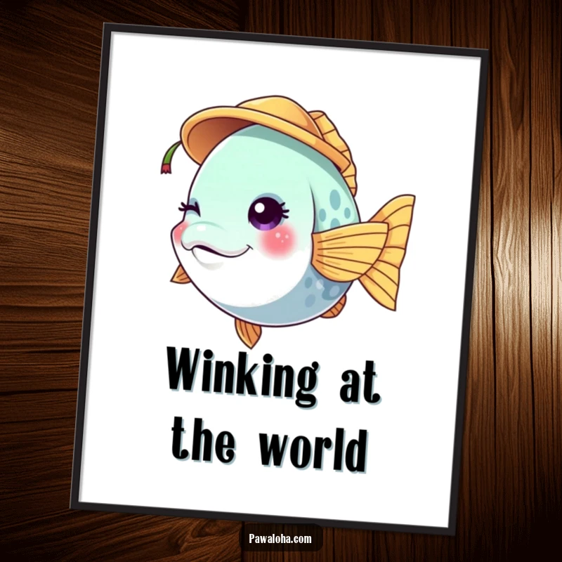 Funny vibrant fish character poster winking while wearing a tiny coconut hat, perfect for tropical-themed wall art.