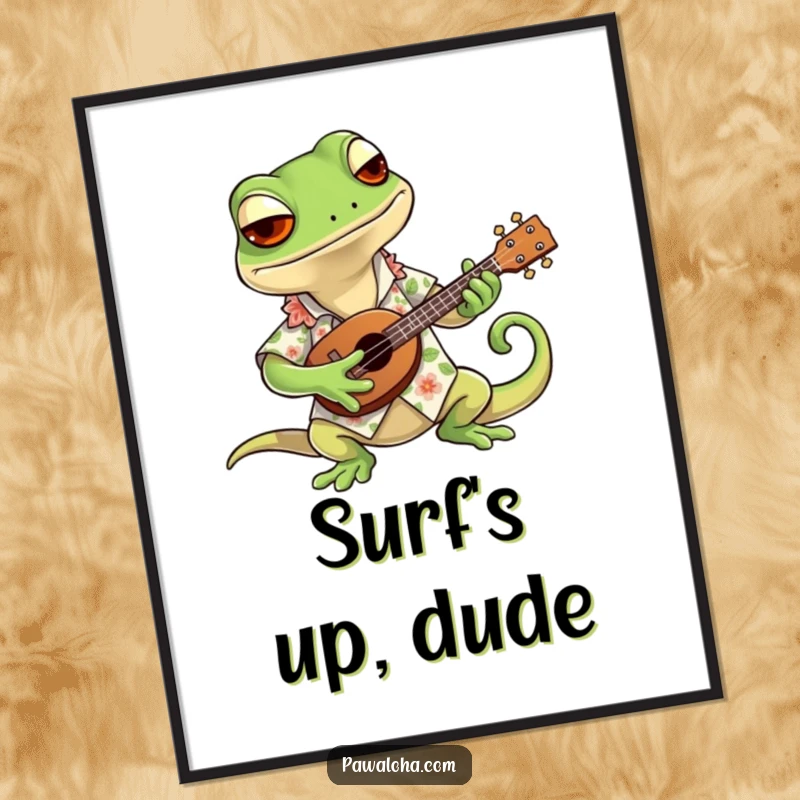 Funny poster depicting a cool gecko in a stylish Hawaiian shirt, enthusiastically strumming a miniature ukulele, adding vibrant humor to any room.