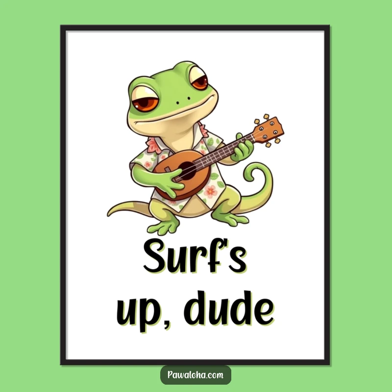 Funny Gecko Art Poster: Cool Hawaiian Shirt Gecko Strumming Uke, Vibrant Wall Decor Gift