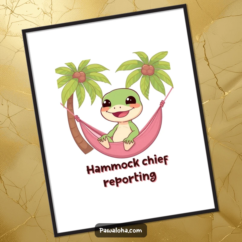 Funny gecko relaxing in a hammock between palm trees, captured in a vibrant and humorous tropical art print.