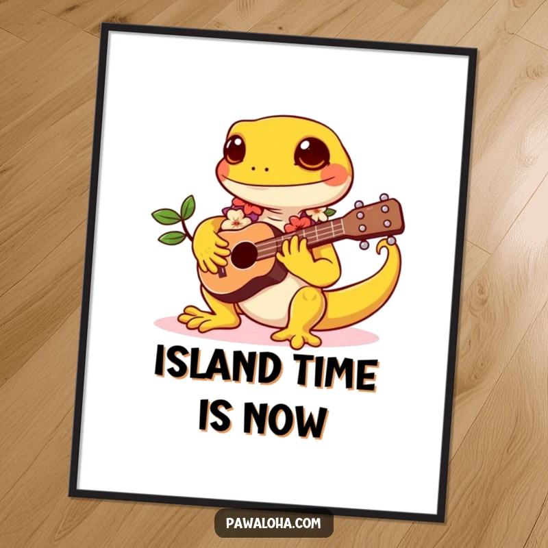 Funny poster art of a kawaii gecko wearing a lei, happily strumming a tiny ukulele, radiating positive tropical energy.